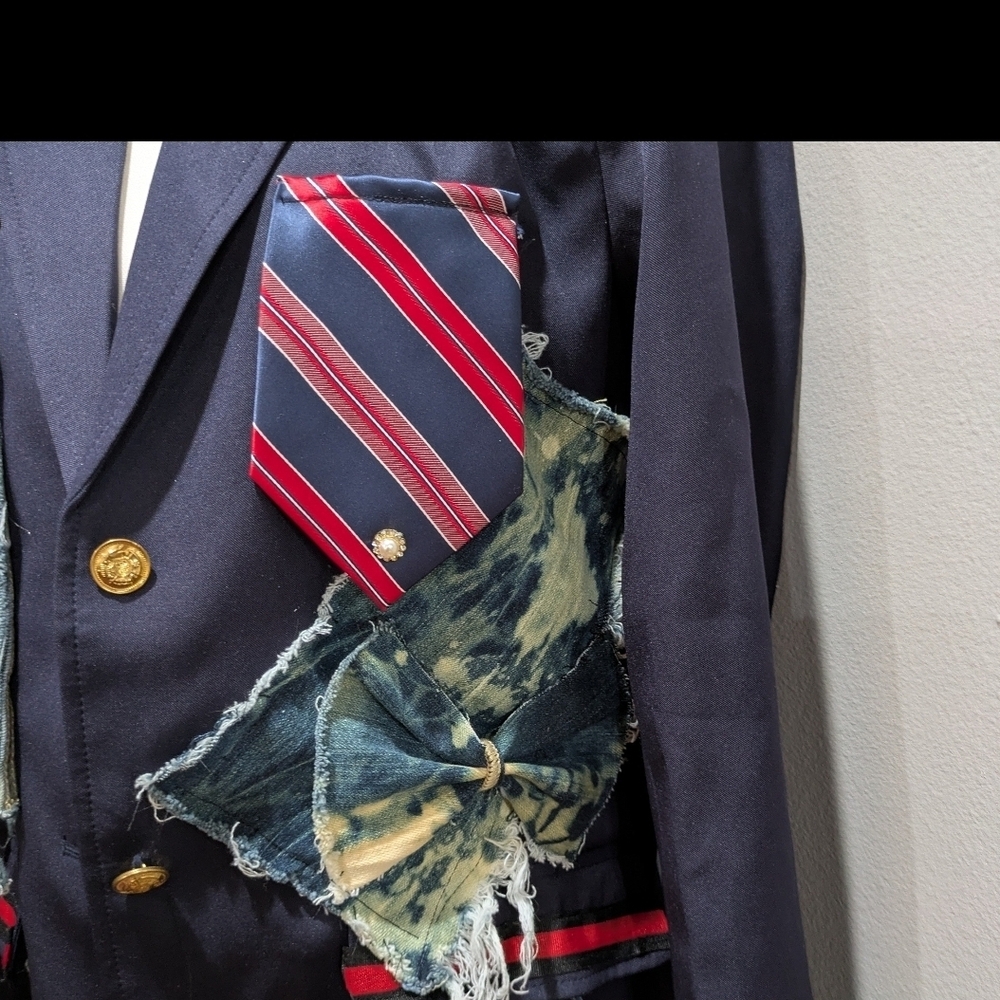 Navy And Red Blazer with Distressed Denim Patchwork - Picture 2 of 4